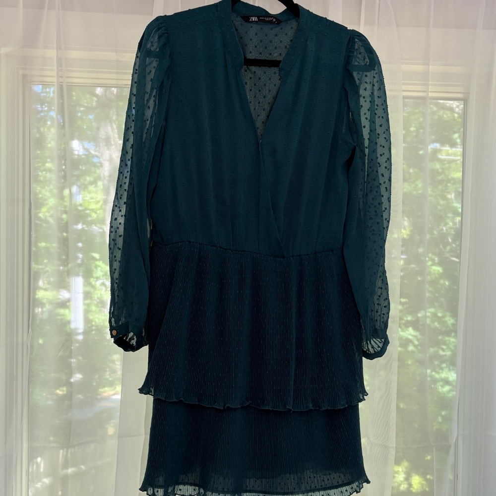 Zara Teal Layered V-Neck Long Sleeve Dress